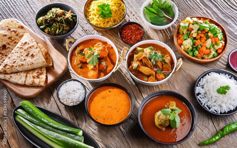 Traditional Indian dishes. Selection of assorted spicy food on the wooden table, top view. Traditional Indian dishes. Selection of assorted spicy food on the wooden table, top view.