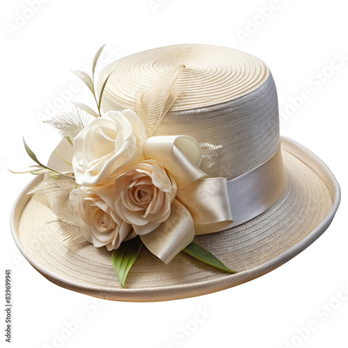 Elegant Ivory Women's Hat with Roses and Satin Ribbon, Perfect for Weddings and Special Occasions, cut out isolated PNG transparent