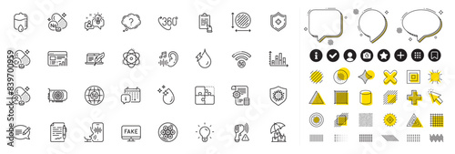 Set of Calendar, Atom and Clipboard line icons for web app. Design elements, Social media icons. Voicemail, Diagram graph, Fake news icons. Sodium mineral, 5g wifi, Medical shield signs. Vector