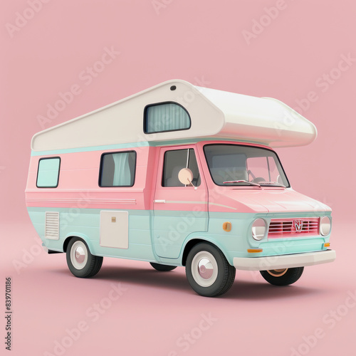 cute pastel colored camping car against pink background in 3d