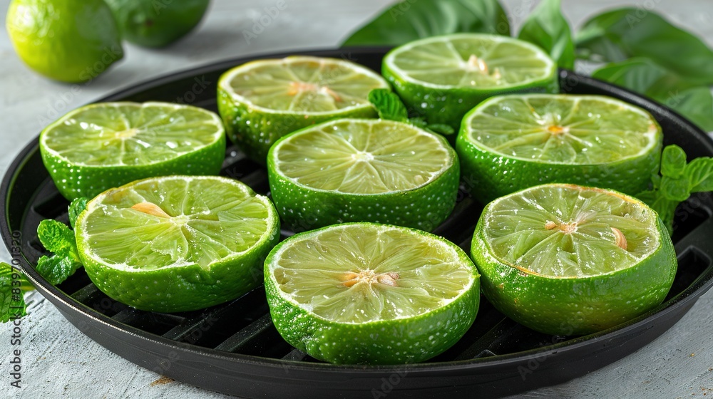 Limes arranged on a grill with leaves adjacent, background filled with additional limes Limes arranged on a grill with leaves adjacent, background filled with additional limes
