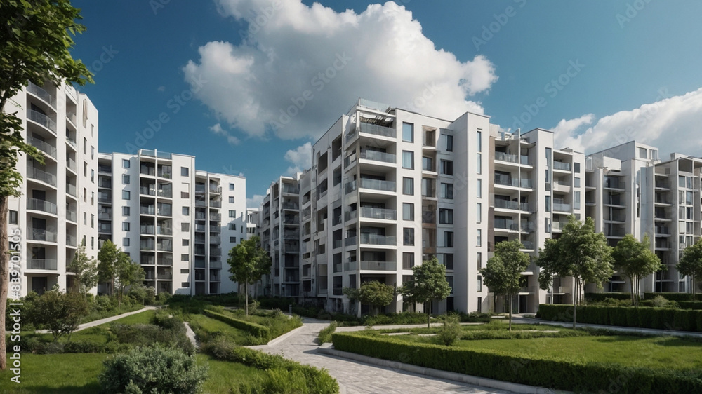 A modern residential complex with multiple white and grey apartment buildings featuring balconies A modern residential complex with multiple white and grey apartment buildings featuring balconies