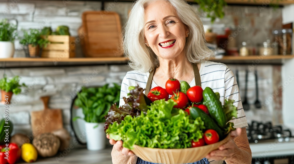 Joyful elderly woman holding a healthy and fresh vegetable salad in a cozy kitchen environment Joyful elderly woman holding a healthy and fresh vegetable salad in a cozy kitchen environment