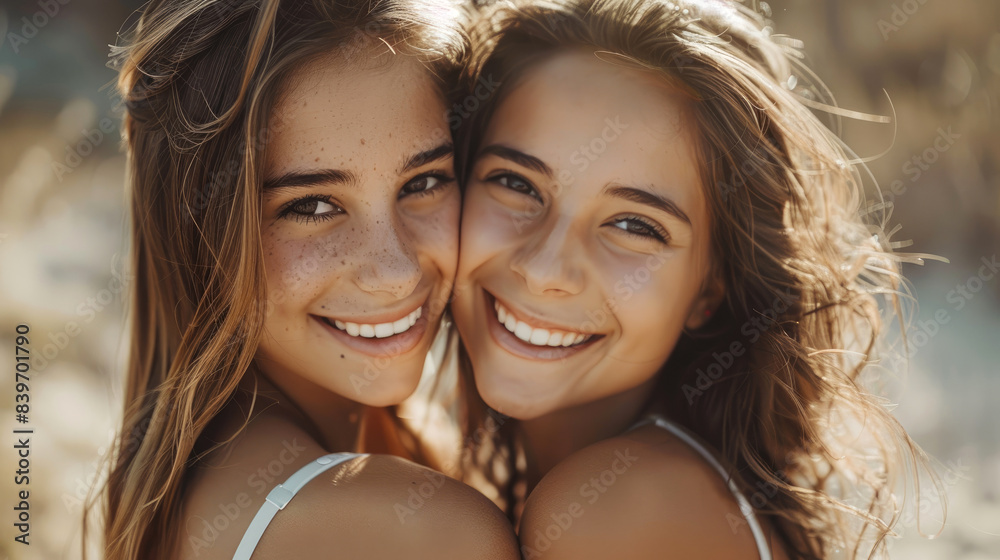 Smiling sisters having fun, looking into camera Smiling sisters having fun, looking into camera
