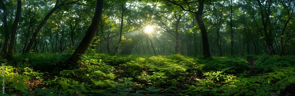 Obraz premium A panoramic view of a nature thicket, the dense branches and sunlight filtering through creating a dramatic scene