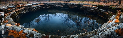 A panoramic view of a nature sinkhole, the depth creating a dramatic scene