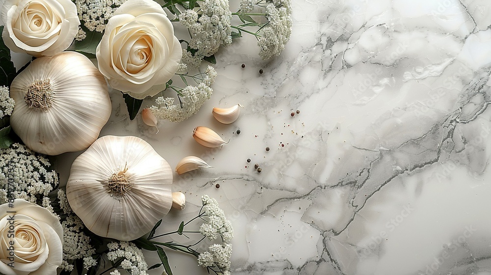   A marble table topped with many white flowers and a vase brimming with white blossoms adjacent to garlic and baby's breath