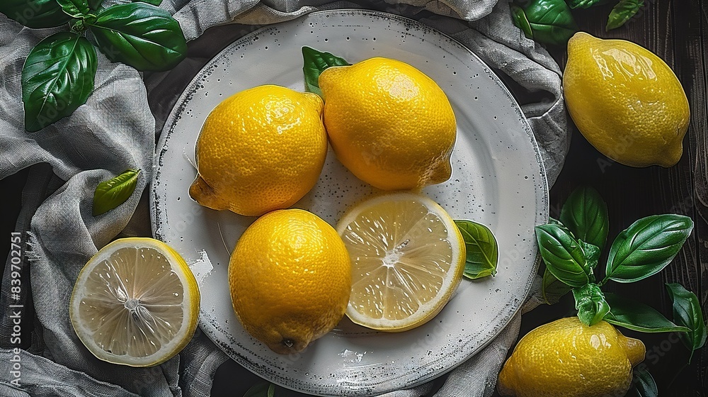   White plate with lemons on cloth-covered table