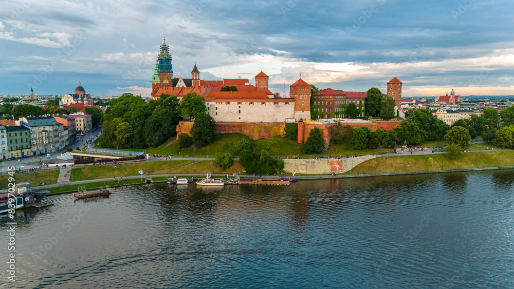aerial view of krakow center and wawel royal castle at sunset in summer in poland aerial view of krakow center and wawel royal castle at sunset in summer in poland