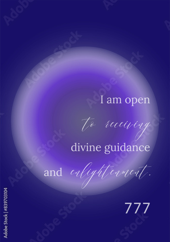 Modern abstract print with angel numbers 777 and navy gradient aura with positive affirmation, colorful and bright poster, printable poster templates ready layout, trendy collection.