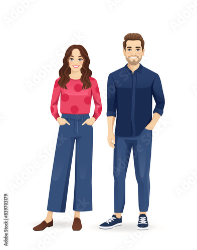 Casual man and woman stand together isolated vector illustration