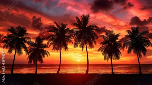 Imagine an iconic scene reminiscent of Scarface, where the vibrant backdrop of an orange sky sets the stage for a row of majestic palm trees. AI generated illustration © 3D