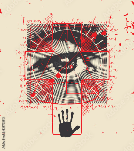 Abstract cross with a Masonic human eye in square, handwritten text Lorem ipsum and red blood drops on an old paper background. Creative vector banner or illustration on the religious theme
