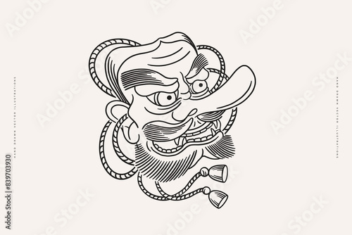Tengu mask in line style. Japanese mythical deity. A traditional part of the Asian national masquerade costume. Vector illustration.