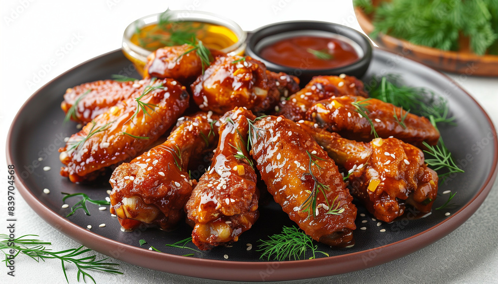 Chicken wings glazed. Delicious crispy chicken wings close-up. Garnish with fresh herbs Chicken wings glazed. Delicious crispy chicken wings close-up. Garnish with fresh herbs