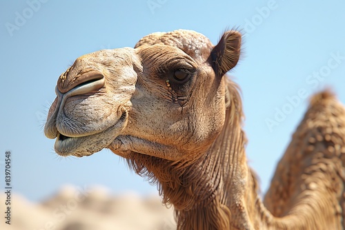 Close up of a camels face  showcasing the unique features of this fascinating desert animal