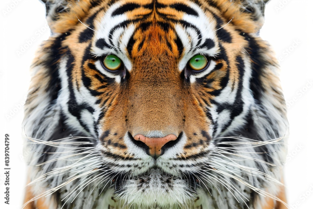 Close up of a tigers face, showcasing the striking beauty and intense gaze of this powerful predator Close up of a tigers face, showcasing the striking beauty and intense gaze of this powerful predator