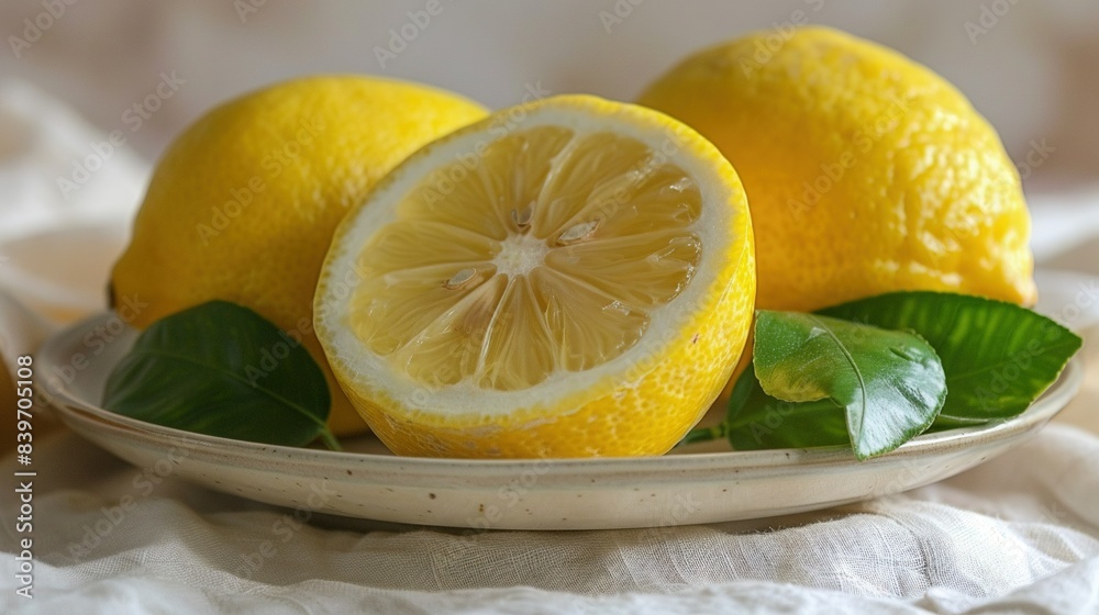 A close-up of a lemon plate with green leaves on a white cloth A close-up of a lemon plate with green leaves on a white cloth