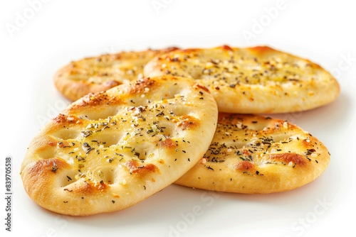 Herb and cheese flatbreads on a white background, showcasing delicious and savory baked goods