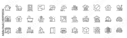 Hotel, Build and Bid offer line icons. Pack of House dimension, Box size, Lighthouse icon. Construction building, Packing things, Marketplace pictogram. Building energy, Lock, Bath. Line icons. Vector © blankstock