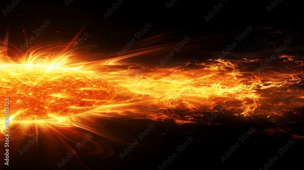 Magnificent solar flare erupting from the sun's surface, highlighting its magnetic storm. A vivid representation of solar activity Magnificent solar flare erupting from the sun's surface, highlighting its magnetic storm. A vivid representation of solar activity