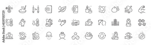 Mint bag, Aroma candle and Nurse line icons. Pack of Hospital nurse, Strong arm, Electronic thermometer icon. Face recognition, Coronavirus vaccine, Sunglasses pictogram. Low thermometer. Vector