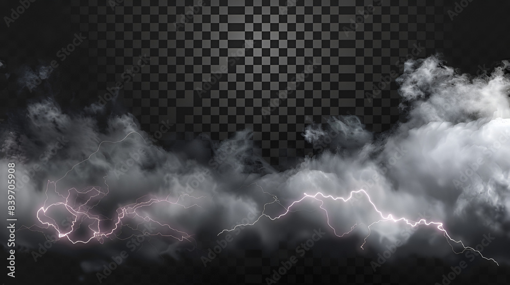 Black storm clouds with lightnings and smoke isolated on transparent ...