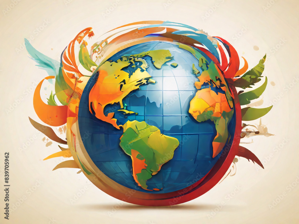 Naklejka premium Artistic illustration of a globe with vibrant tropical colors and plant wreath