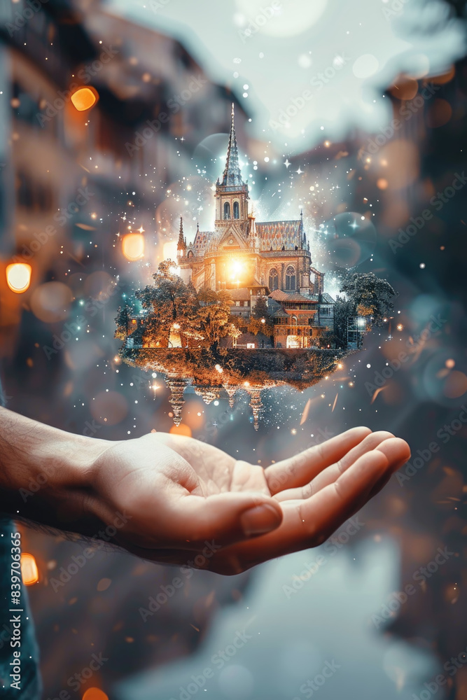 A persons hand holds a floating church, which is surrounded by golden lights and sparkles