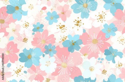 Flat design of pastel pink, baby blue and white floral pattern with small gold accents