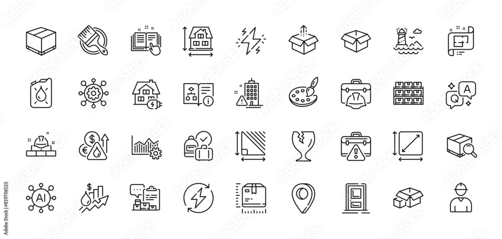 Send box, Warning briefcase and Search package line icons pack. AI, Question and Answer, Map pin icons. Framework, Palette, Opened box web icon. Vector Send box, Warning briefcase and Search package line icons pack. AI, Question and Answer, Map pin icons. Framework, Palette, Opened box web icon. Vector