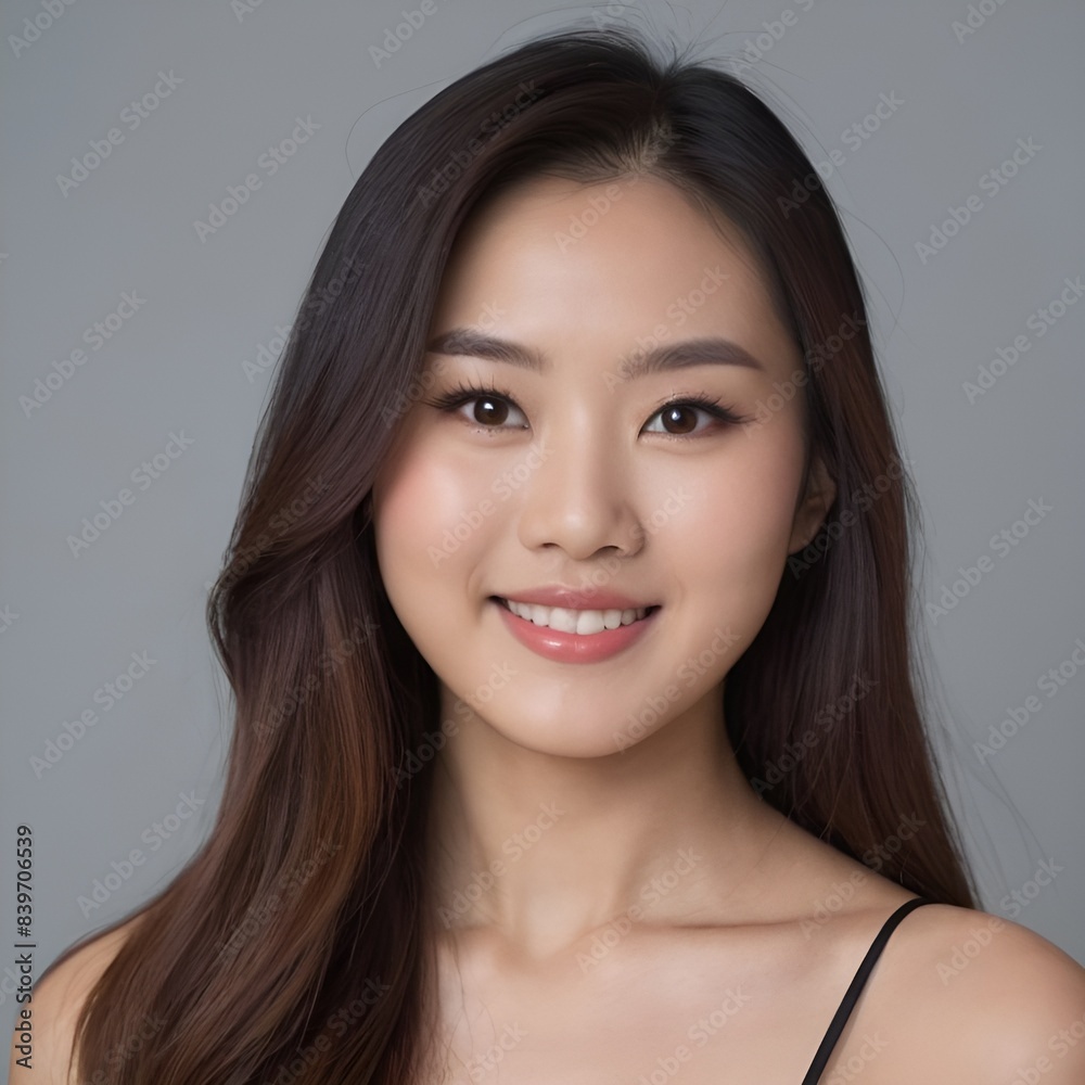 Fototapeta premium Pretty Asian beauty woman long hair with japanese makeup glowing face and healthy facial skin portrait smile on isolated light grey background