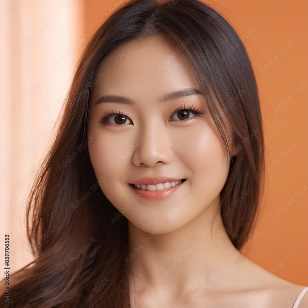 Fototapeta premium Pretty Asian beauty woman long hair with japanese makeup glowing face and healthy facial skin portrait smile on isolated light orange background