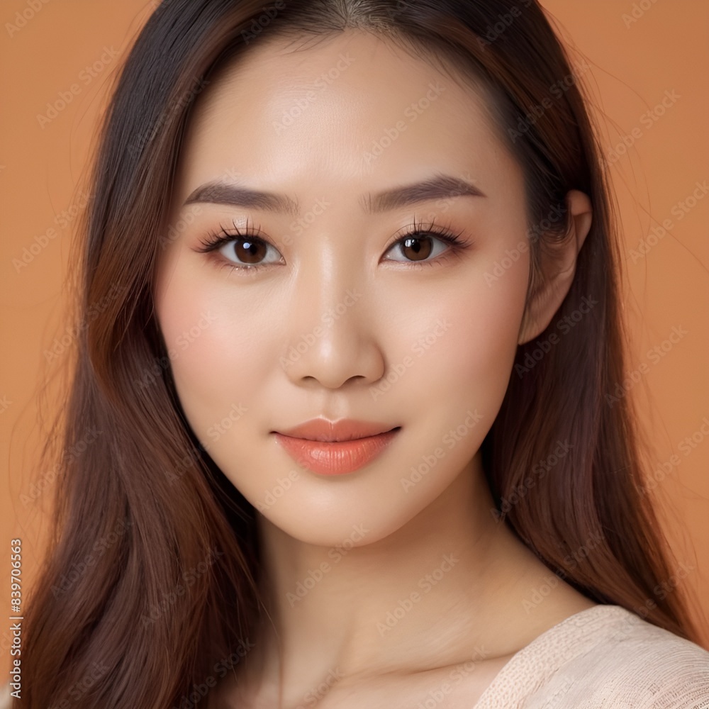 Fototapeta premium Pretty Asian beauty woman long hair with japanese makeup glowing face and healthy facial skin portrait smile on isolated light orange background