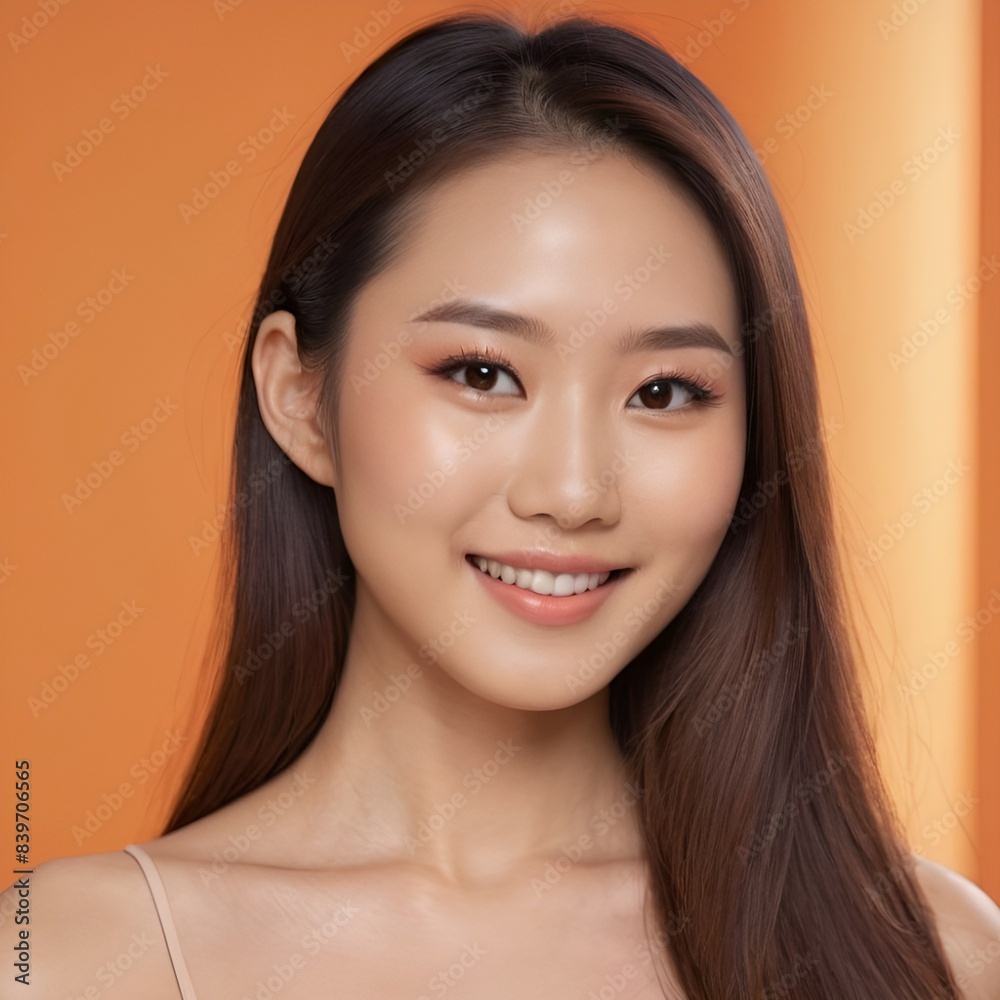 Fototapeta premium Pretty Asian beauty woman long hair with japanese makeup glowing face and healthy facial skin portrait smile on isolated light orange background