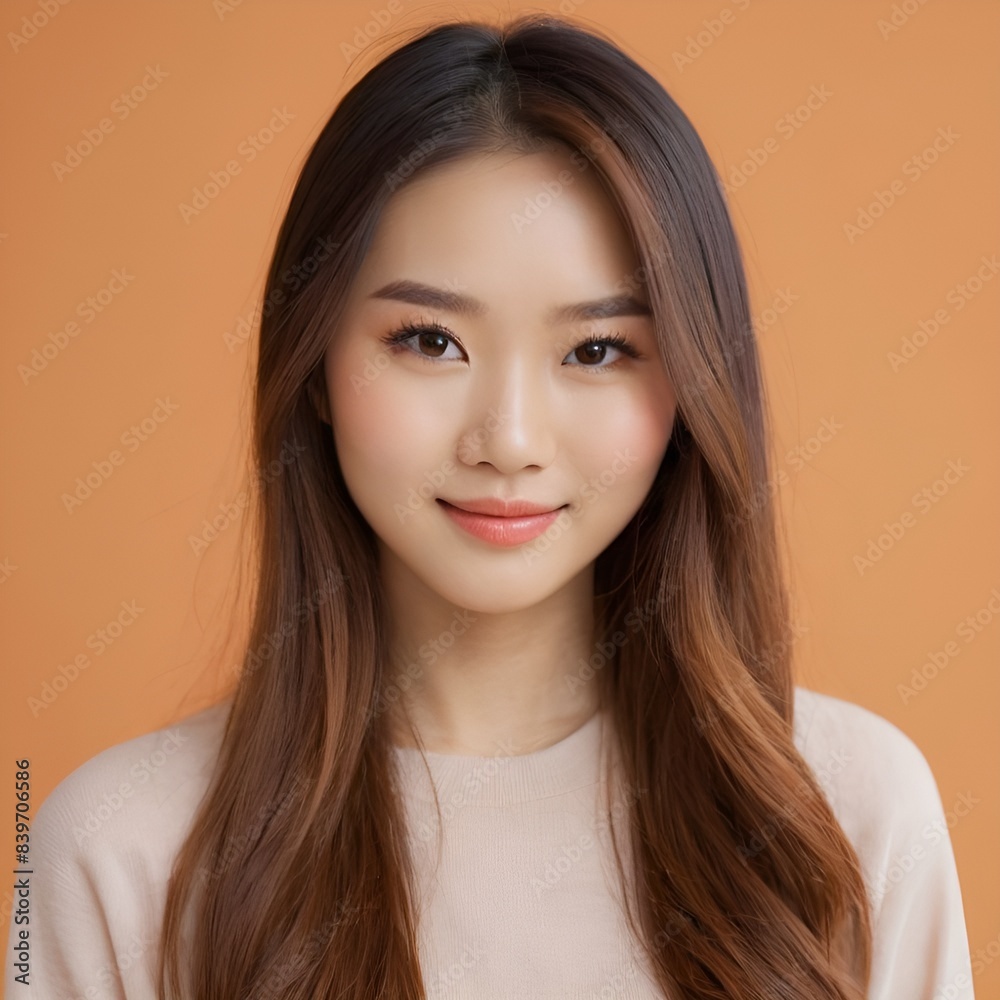 Pretty Asian beauty woman long hair with japanese makeup glowing face and healthy facial skin portrait smile on isolated light orange background Pretty Asian beauty woman long hair with japanese makeup glowing face and healthy facial skin portrait smile on isolated light orange background