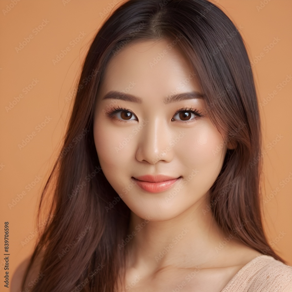 Pretty Asian beauty woman long hair with japanese makeup glowing face and healthy facial skin portrait smile on isolated light orange background Pretty Asian beauty woman long hair with japanese makeup glowing face and healthy facial skin portrait smile on isolated light orange background