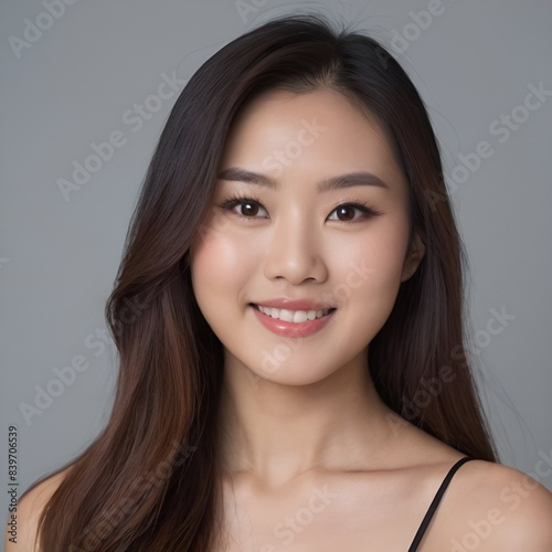 Pretty Asian beauty woman long hair with japanese makeup glowing face and healthy facial skin portrait smile on isolated light grey background