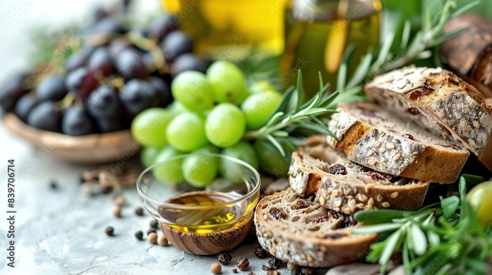   Bread, grapes, olives, and oil sit on a table with bread and olives displayed