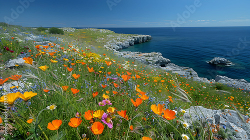 A serene nature escarpment scene with wildflowers growing along the edges, the sky clear and blue above