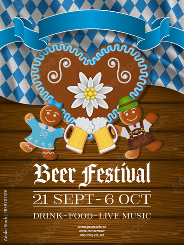 oktoberfest poster with gingerbread cookies. german beer festival flyer with bavarian flag on wooden background