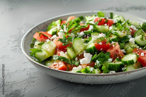 Avocado cucumber herbs and feta salad on gray background Close up view