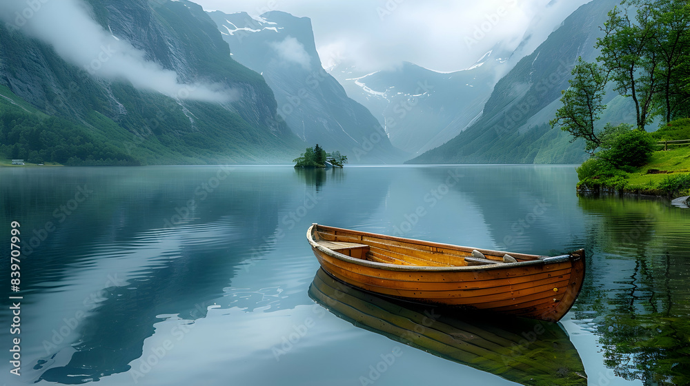 A serene nature glacial lake scene with a small boat gently floating on the water, surrounded by mountains A serene nature glacial lake scene with a small boat gently floating on the water, surrounded by mountains