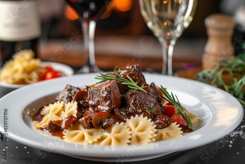 Beef Burgundy served with farfalle pasta a gourmet dish