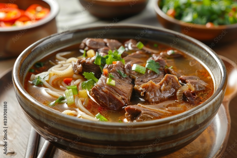 Beef noodle soup with braised meat at a eatery Beef noodle soup with braised meat at a eatery