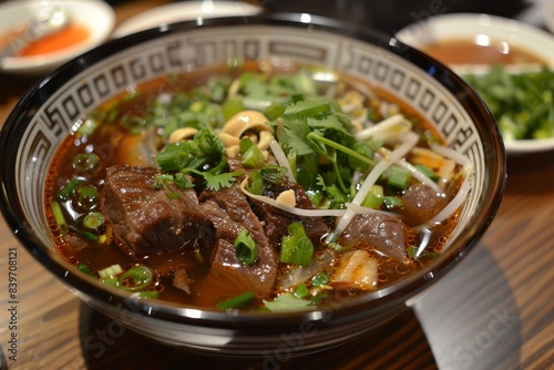 Beef noodle soup bowl with vegetables Vietnamese style