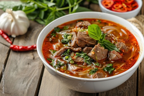 Beef noodle soup with Thai spices in a white bowl on a wooden table with basil and parsley