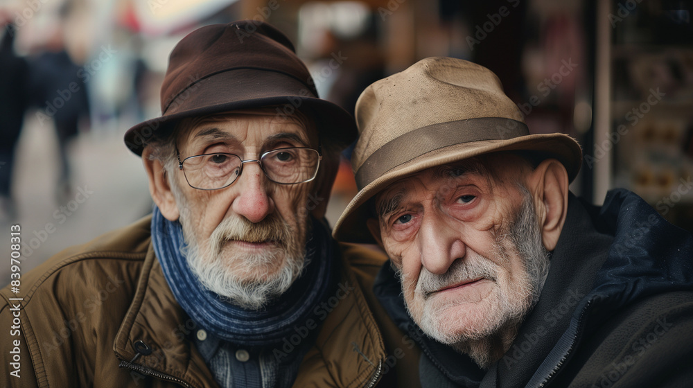 Smiling warmly into the camera, older men share a joyful moment of friendship and shared history. Smiling warmly into the camera, older men share a joyful moment of friendship and shared history.