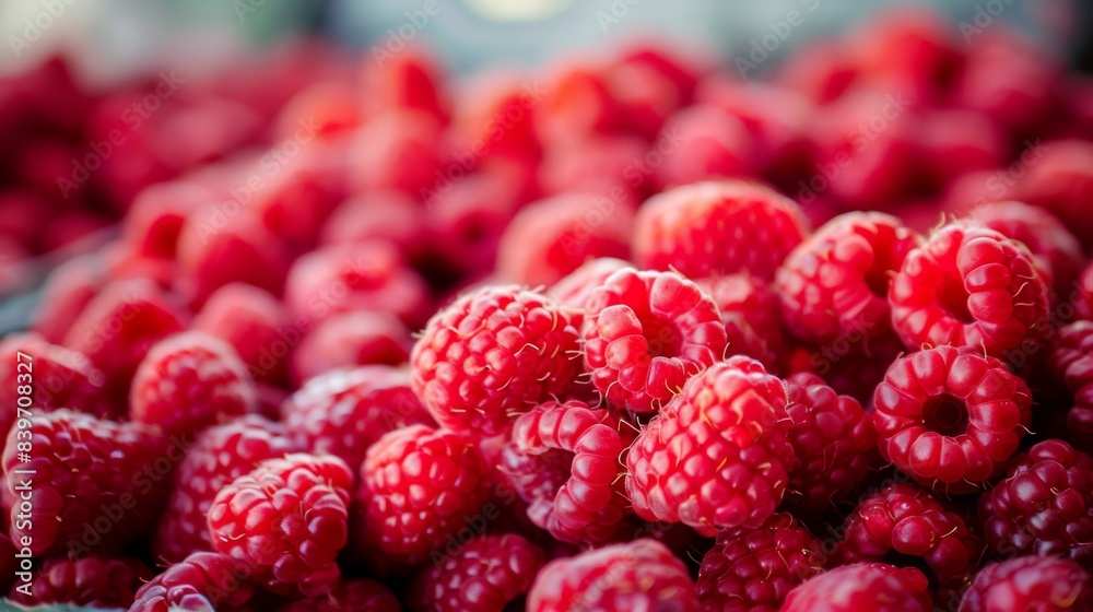 Full frame closeup of fresh ripe red healthy raspberries in pile on stall Full frame closeup of fresh ripe red healthy raspberries in pile on stall