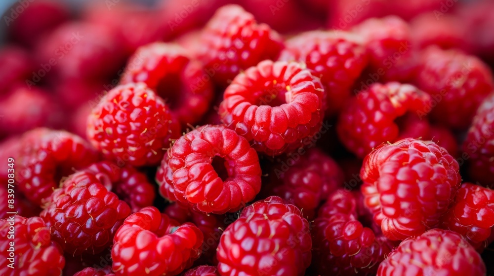 Full frame closeup of fresh ripe red healthy raspberries in pile on stall Full frame closeup of fresh ripe red healthy raspberries in pile on stall